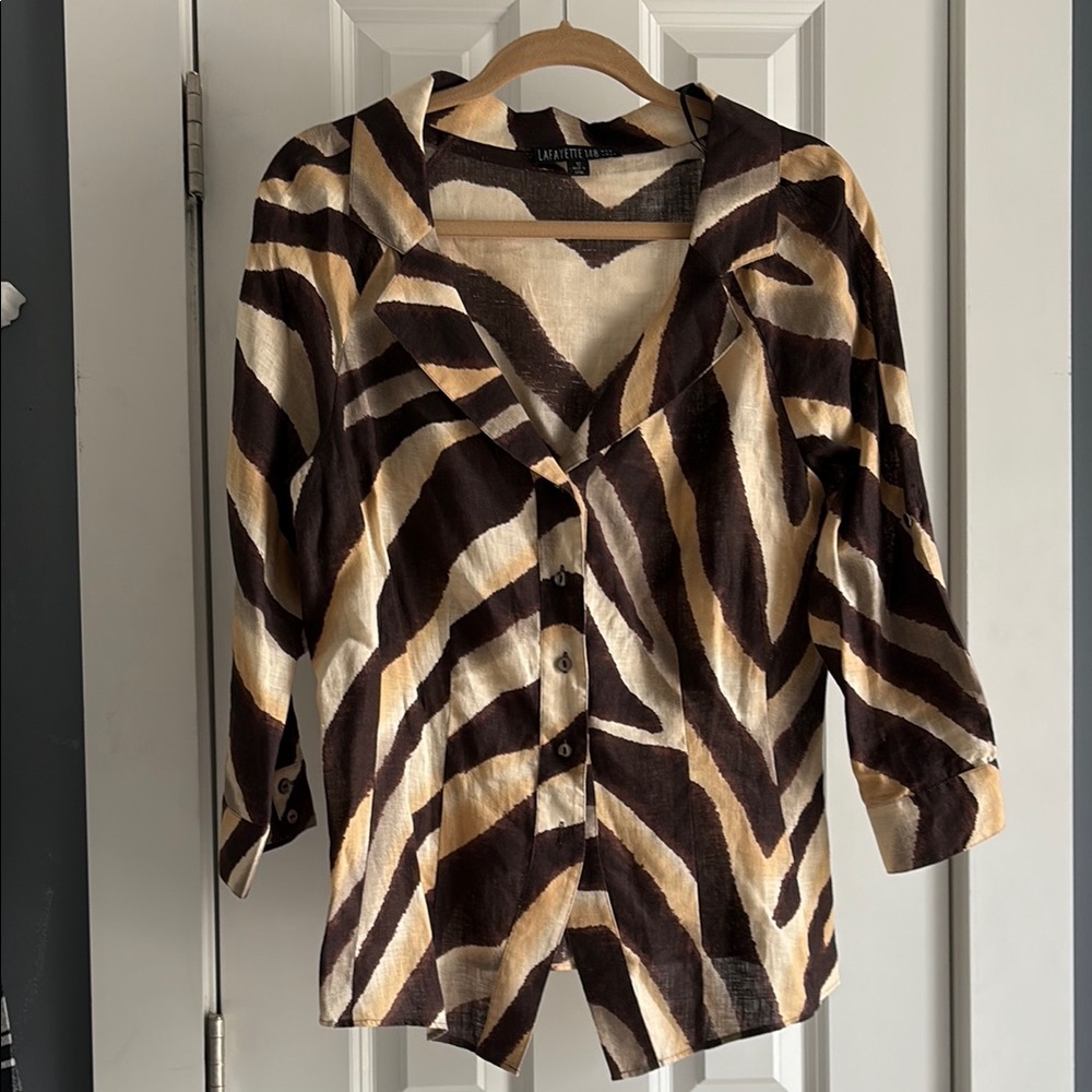 Lafayette 148 New York Brown and Cream Button Down Blouse